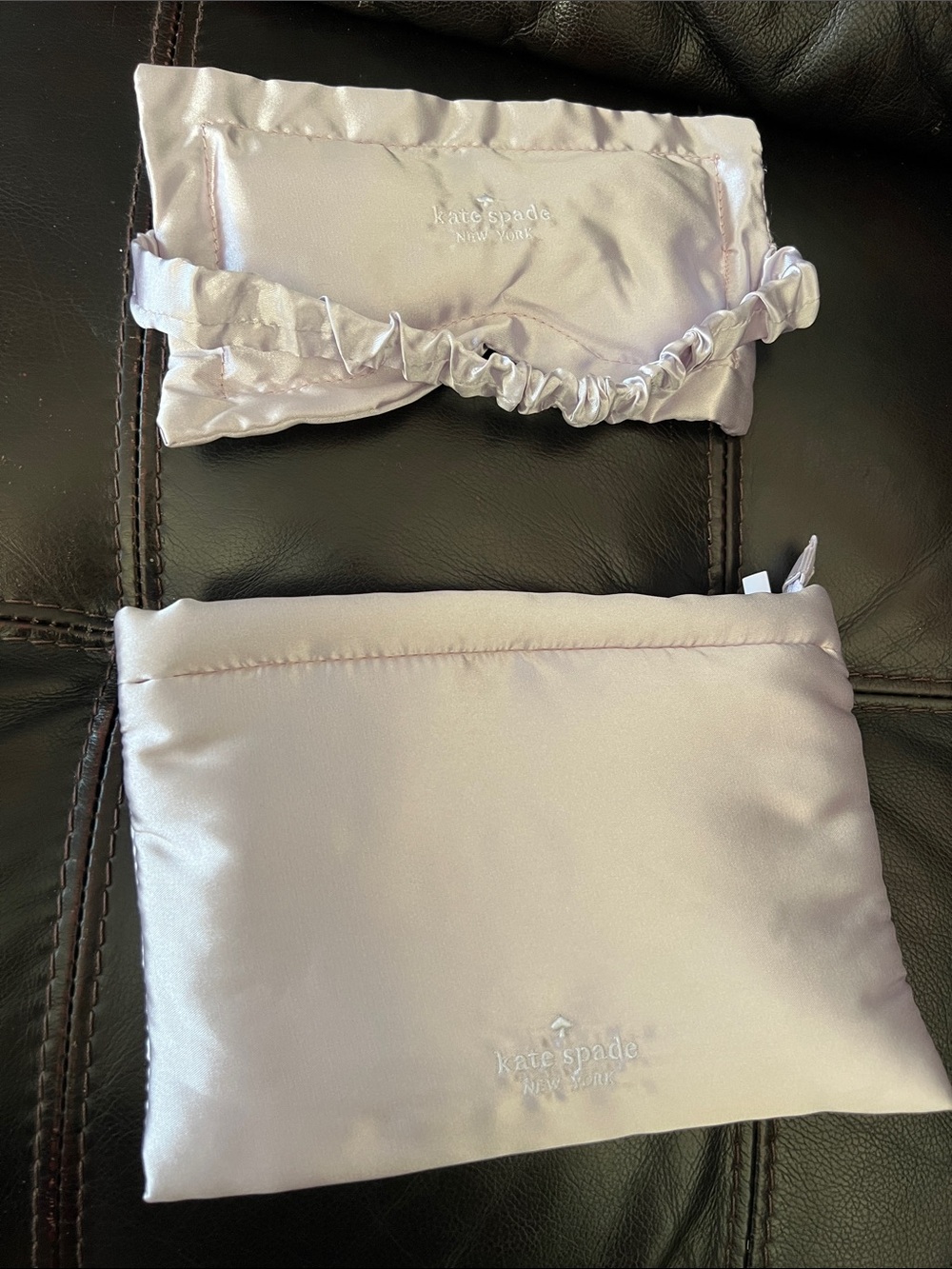 kate spade pale lavender satin cosmetic pouches and eye mask